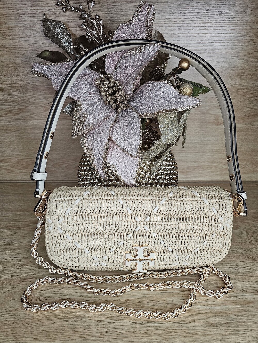 Tory Burch Britten Raffia Crochet Convertible  Crossbody Bag with Gold Chain.